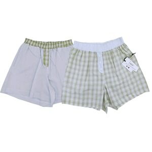 2 Cotton Sleep Shorts Women (M) Pajama Boxer Pockets Green Gingham & Blue Stripe